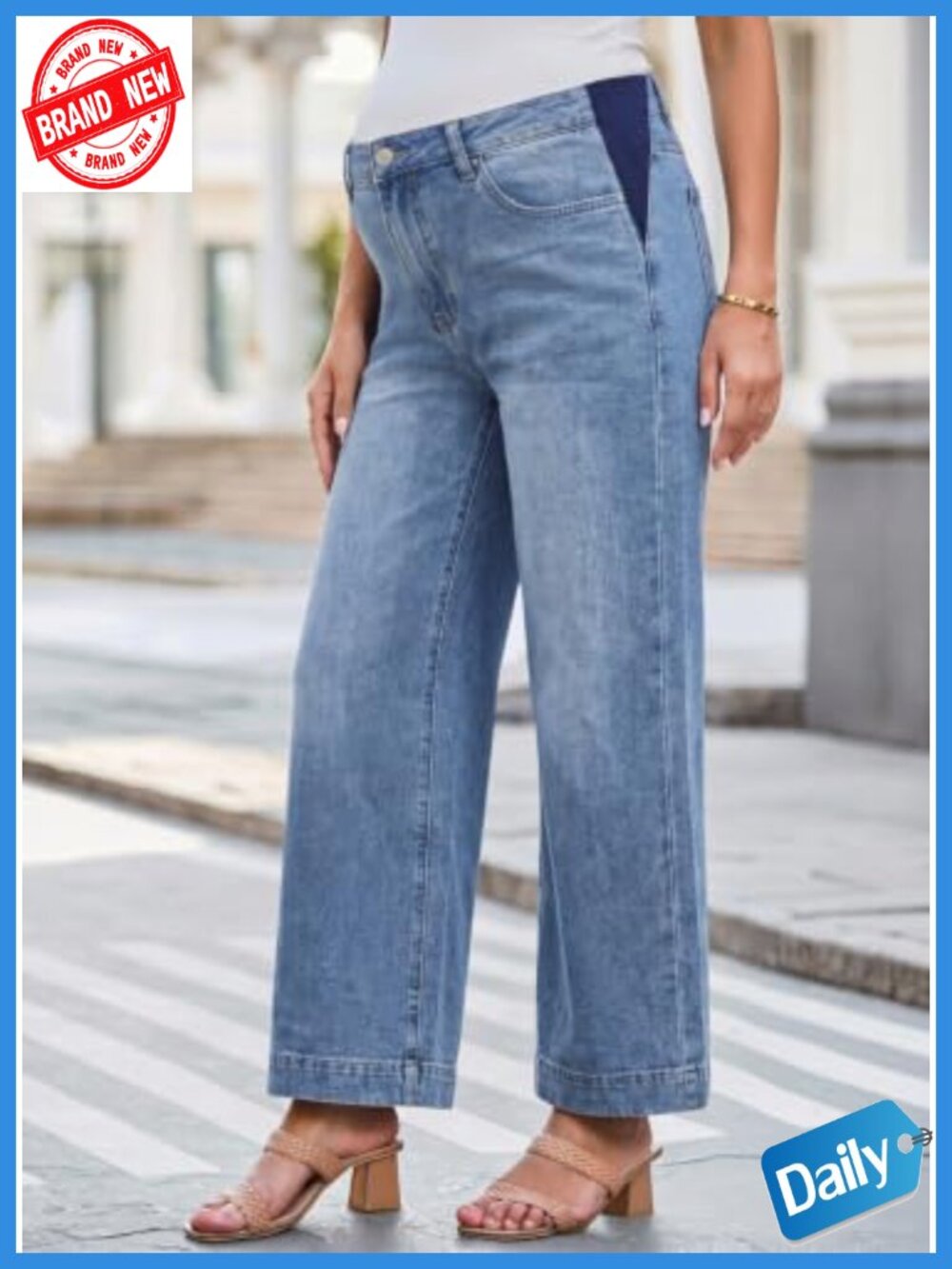 Maternity Wide Leg Jeans High Rise Elastic Side Panels Stretch Denim Work Casual - Picture 2 of 5